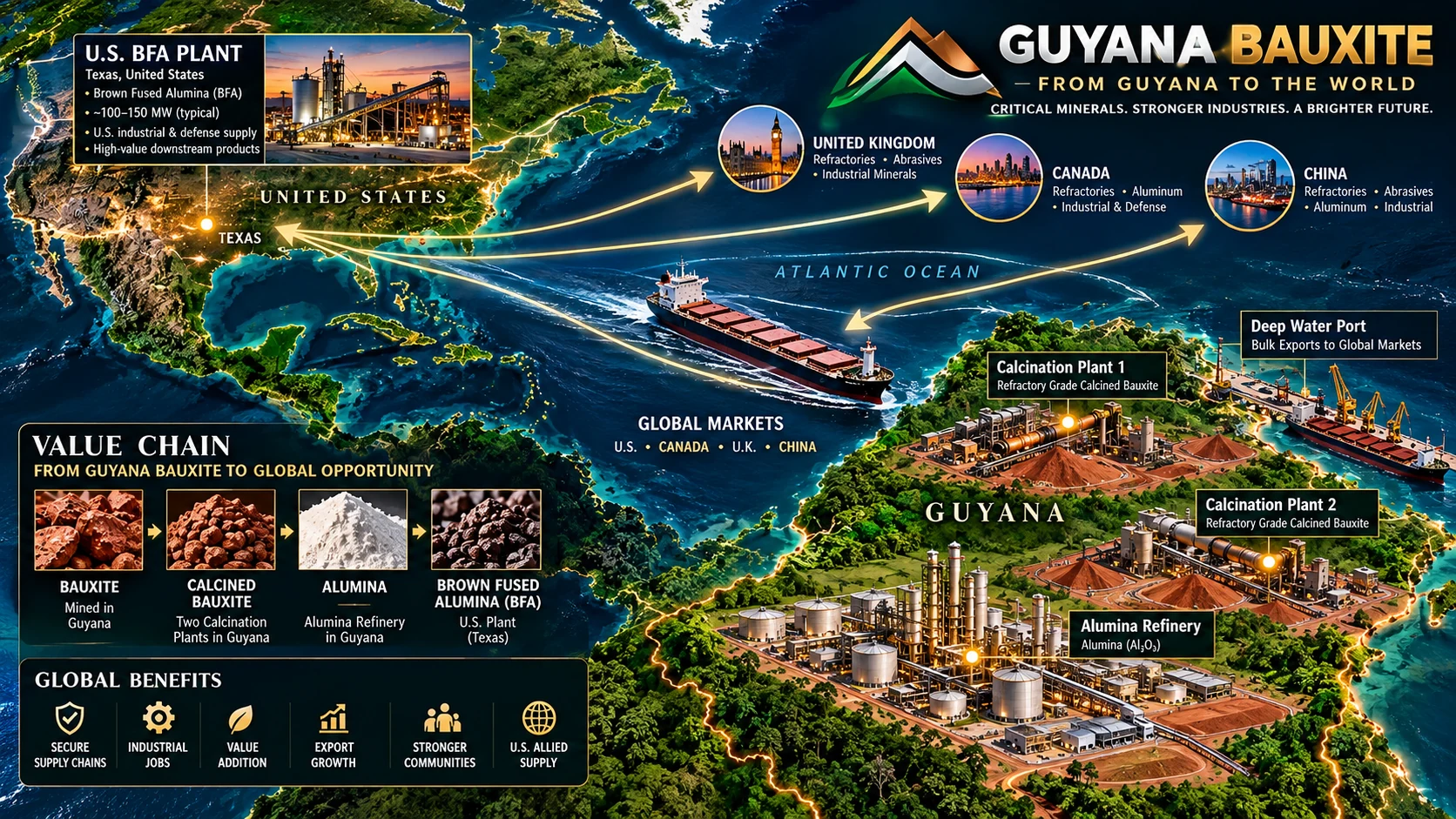 Guyana Bauxite downstream development vision showing a U.S. BFA plant in Texas at upper left and Guyana's two calcination plants and alumina refinery at lower right, connected to global markets