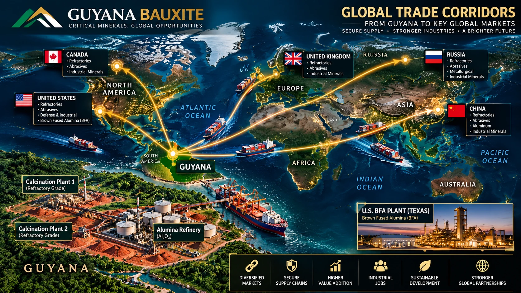 Guyana Bauxite global trade corridors map showing routes from Guyana to the United States, Canada, China, Russia and the United Kingdom, plus Guyana calcination and alumina facilities and a U.S. BFA plant